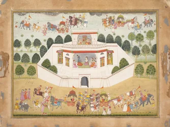 Krishna en Balarama binnen een ommuurd paleis: Pagina uit een verspreide Bhagavata Purana..., ca. 1700