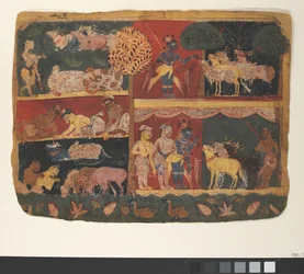 Krishna en de Koeherders: Pagina uit een Verspreide Bhagavata Purana..., ca. 1520-30