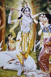 Krishna en de Gopi zoals afgebeeld op een Hare Krishna kalender, Londen, Verenigd Koninkrijk