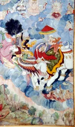 Krishna, rijdend op de Vogel-God Garuda, vecht tegen de God Indra op een olifant