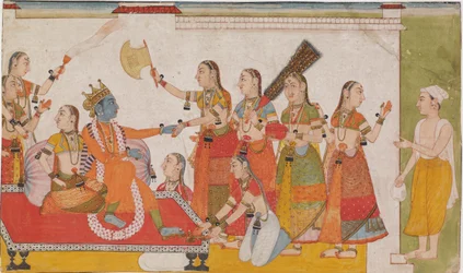 Krishna verwelkomt Sudama, uit een Bhagavata Purna, ca. 1700