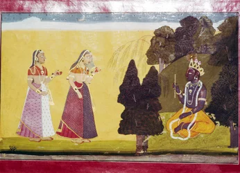 Krishna met fluit, benaderd door twee dames