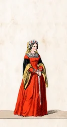 Hofdame, kostuumontwerp voor Shakespeares toneelstuk, Henry VIII, 19e eeuw