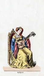 Hofdame, kostuumontwerp voor Shakespeares toneelstuk, Henry VIII, 19e eeuw