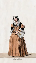 Hofdame, kostuumontwerp voor Shakespeares toneelstuk, Henry VIII, 19e eeuw