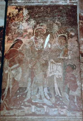Dame bij haar toilet, grotschildering, Ajanta, India. 1e-5e eeuw
