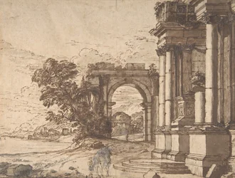 Landschap met klassieke architectuur bij een meer, 17e eeuw