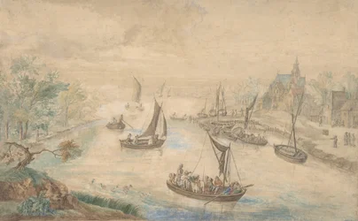 Landschap met rivier in het midden, met veerboot, 18e eeuw