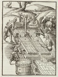 Wassen van gouderts in houten bakken gevuld met water - Gravure uit Description des minerais et des principales methodes d