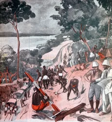 Spoorweg leggen onder de equatoriale zon, Brazzaville, Congo, 1924