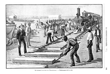 Leggen van dwarsliggers en rails op de Transvaal-spoorweg, Zuid-Afrika, 1893