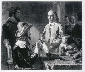 De Engelse arts William Harvey (1578-1637) toont koning Karel I Stuart van Engeland (1600-1649) de theorie van de bloedsomloop