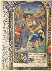 Blad Uitgesneden uit de Tarleton Hours: Christus die het Kruis Draagt Terce, Office of the Virgin