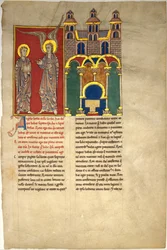 Blad uit een Beatus-manuscript: de engel van de kerk van Sardis met Sint Jan