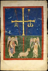 Blad uit een Beatus-manuscript: het Lam aan de voet van het kruis, geflankeerd door twee engelen
