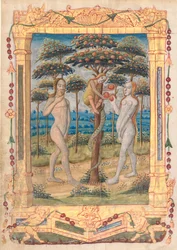 Blad uit een Getijdenboek: Adam en Eva en de Val van de Mens (recto)