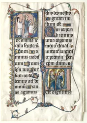 Blad uit een missaal met twee gehistorieerde initialen: Initiaal P[er omnia saecula saeculorum]..., ca. 1300