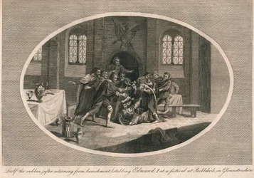 Leofa de rover steekt Edmund I neer op een festival in Pucklekirk, Gloucestershire 946 1793