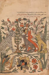 Luipaard brengt leeuwenbevel aan mede-rechters, Folio 51 recto uit een Kalila wa Dimna, 18e eeuw