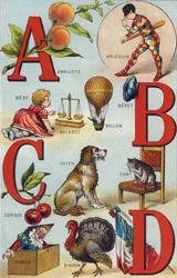 Letters A B C D; Abrikozen; Harlekijn; Weegschaal; Ballon; Bebe; Kersen; Kat Stoel; Hond; Deken; Duivel; Kalkoen; Vlag. Gravure in "Alphabet de ma petite fille". Bernardin-Bechet en Fils, boekverkopers-uitgevers, Parijs, rond 1895. Onbreekbaar album op can