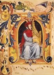 Lettrine met een man en een orgel die een partituur beginnen uit de Codex Squarcialupi (door Antonio Squarcialupi)