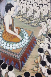 Leven van Boeddha De Boeddha kreeg veel volgelingen Op een keer verzamelden 1250 monniken zich spontaan om zijn lering te horen (Deze dag wordt herdacht als een feestdag in boeddhistische landen), Seoul, Zuid-Korea