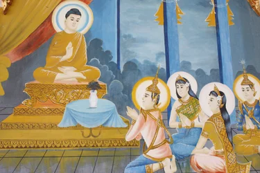 Leven van de Boeddha Het onderwijzen van de dharma aan zijn familie, Siem Reap, Cambodja