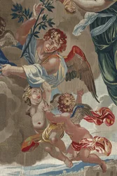 Leven van de Maagd: „De kroning van de Maagd” Detail met engelen. Wandtapijt van wol en zijde, vervaardigd in het atelier van Pierre Damour naar tekeningen van Charles Poerson (1609-1667)