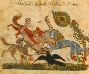 Leeuw verslaat een kameel, Kalila Wo-Dimna, Arabisch-Spaans sprookjesboek, 13e eeuw
