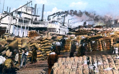 Katoen laden op een schip, Memphis, Tennessee, VS, c1900s