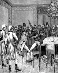 Lord Cornwallis en Joseph Bonaparte omhelzen elkaar in Amiens, Frankrijk, 1802