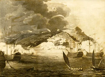 Lord Exmouths vloot bombardeert de stad Algiers, 1816