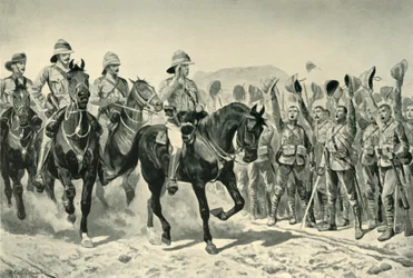 Lord Roberts toegejuicht door de troepen bij zijn aankomst in Wonder River, 1901