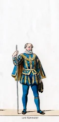 Lord schatbewaarder, kostuumontwerp voor Shakespeares toneelstuk, Henry VIII, 19e eeuw
