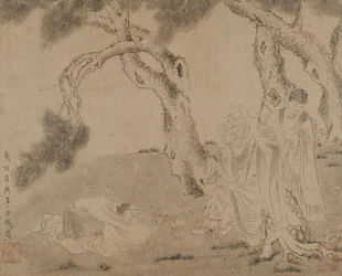 Luohan, bediende en aanbidder onder dennen, Yuan of Ming-dynastie