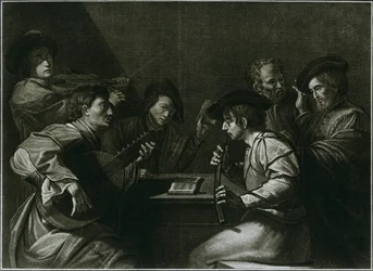 Luit, viool en zwarte gebogen zink, Italiaanse gravure uit het jaar 1784, 1948