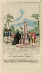 Door de heer Guillotin aan de Nationale Vergadering voorgestelde machine voor de terechtstelling van misdadigers, circa 1790.