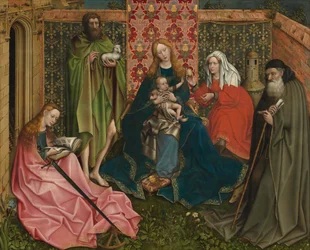 Madonna en kind met heiligen in de ommuurde tuin