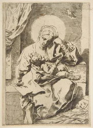 Madonna en Kind met een Vogel, kopie in spiegelbeeld naar Cantarini