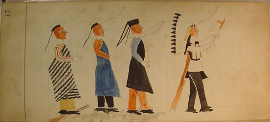 Maffet Ledger: Drie indianen volgen een hoofdman, ca. 1874-81