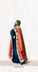 Magistraat, kostuumontwerp voor Shakespeares toneelstuk, Henry VIII, 19e eeuw