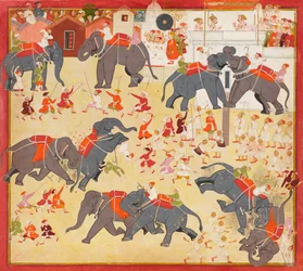 Maharana Raj Singh observeert een olifantengevecht, ca. 1670-1675