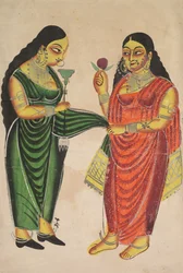 Dienstmeisje brengt een Hookah naar een Dame recto, Krishna gewogen tegen kostbare voorwerpen verso, 180