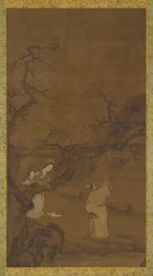 Man en vrouw genieten van pruimenbloesems, Ming of Qing-dynastie, 15e-18e eeuw