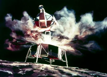 Bemande ruimtevlucht, VS, Apollo, algemene artistieke impressie van de Lunar Module die van de maan opstijgt
