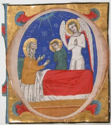 Manuscript Verlichting met Tobit, Tobias en de Aartsengel Raphael in een Initiaal O