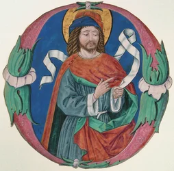 Manuscriptverlichting met de figuur van een heilige in een initiaal O, Italiaans, ca. 1480