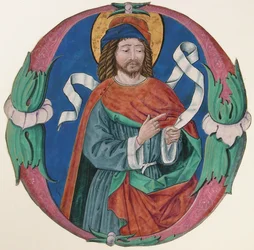 Manuscriptverlichting met de figuur van een heilige in een initiaal O, ca. 1480