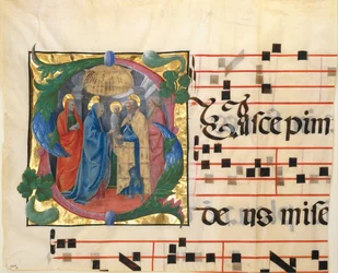 Boekverluchting met de Opdracht in de Tempel in een initiaal S, uit een graduale, 1450-60.