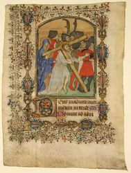 Manuscriptblad uit een getijdenboek... Verlichte initiaal D en Christus die het kruis draagt, 1390-140